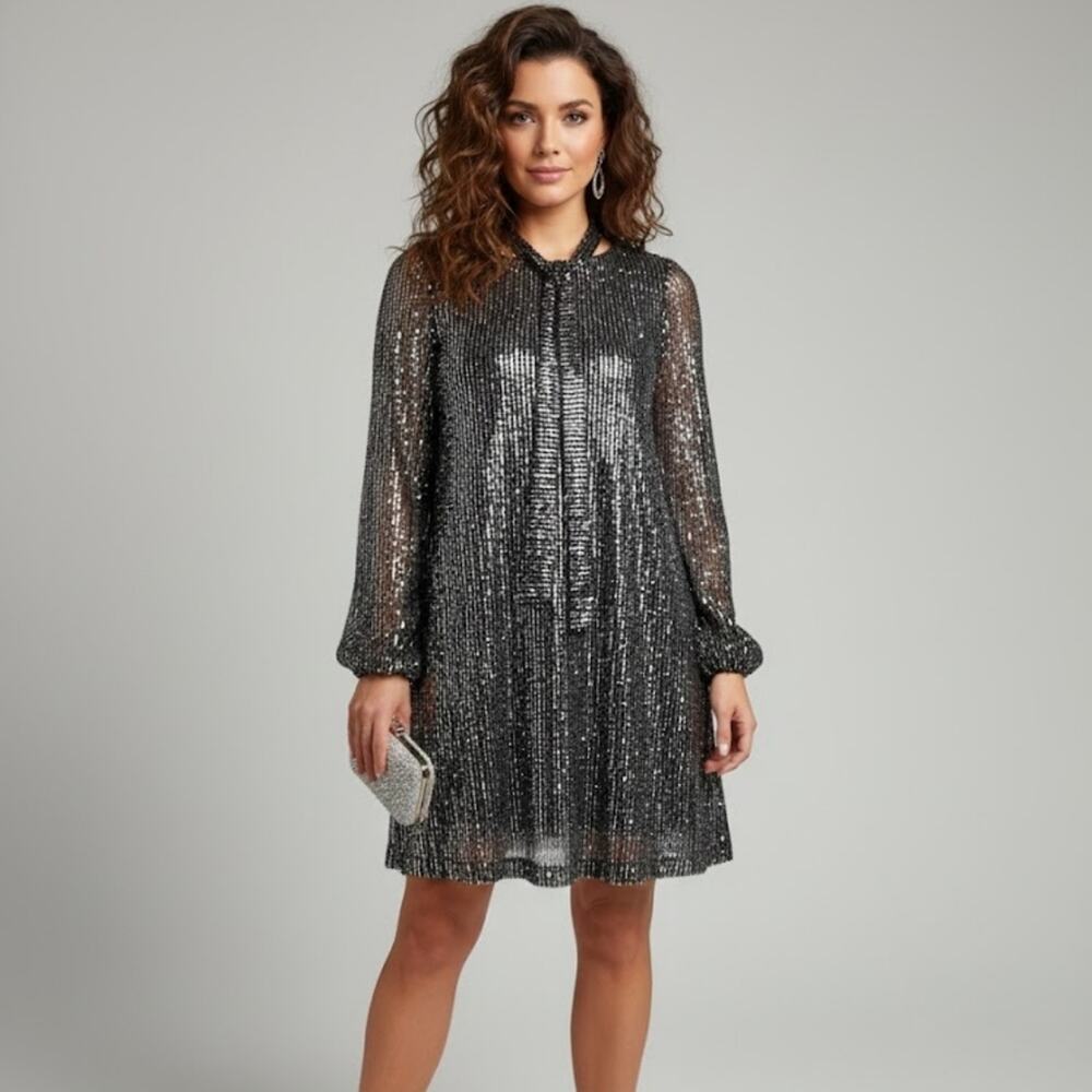 Petal & Pup Silver Sequin Sheer A-Line Mini Dress With Beck Tie